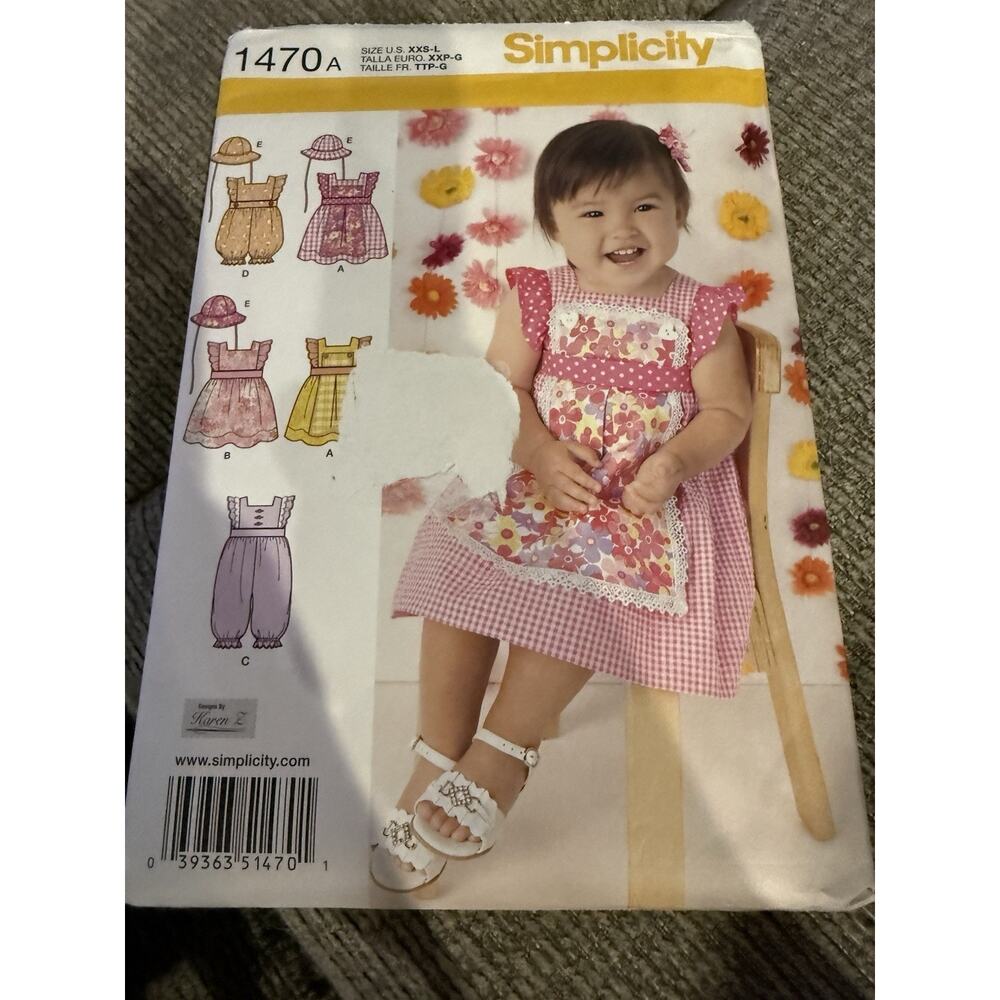 Simplicity 1470 Baby Romper Dress Hat Pattern XS-L Karen Z Uncut